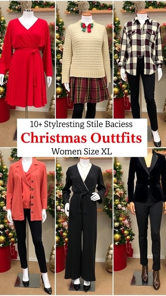 Stylish Christmas outfits for women size XL displayed in a festive setting.